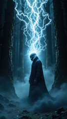 Fototapeta premium A man standing in the forest with an invisible AI presence, illustrated in a dark, atmospheric style.