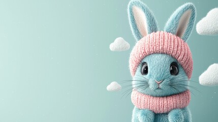 Cute Blue Rabbit with Black Eyes Wearing a Pink Hat and Scarf