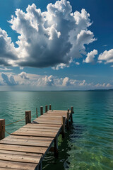 Beauty seascape under blue clouds sky. View from wood pier