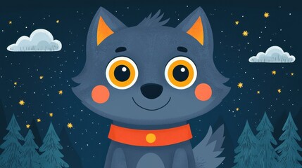 Naklejka premium Gray Wolf Character with Yellow Eyes and Red Collar Illustration