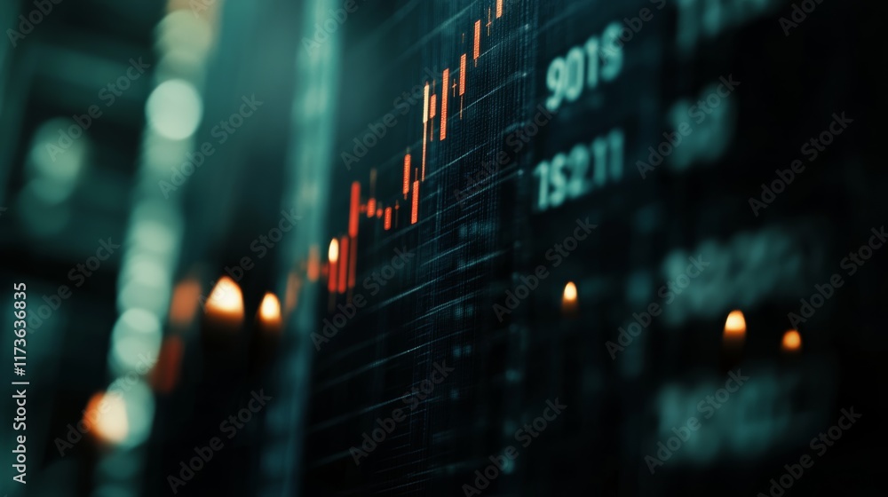 Poster Electronic stock market panel showing increasing share price in red and some numbers with a blurred foreground and bokeh effect
