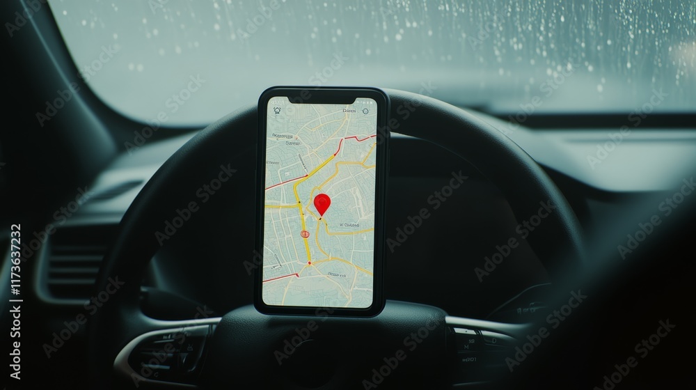 Poster Modern smartphone displaying navigation map with red pinpoint on car dashboard while raining, providing real time location and guidance for driver