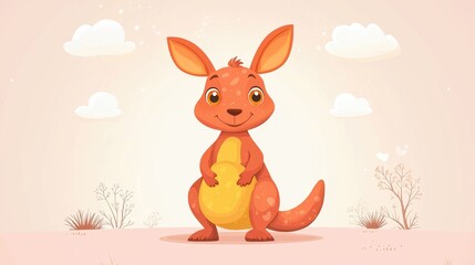 Cute Cartoon Kangaroo with Yellow Pouch and Orange Eyes