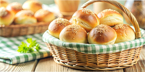 Freshly baked buns in a rustic kitchen basket ready to be served with a side of herbs
