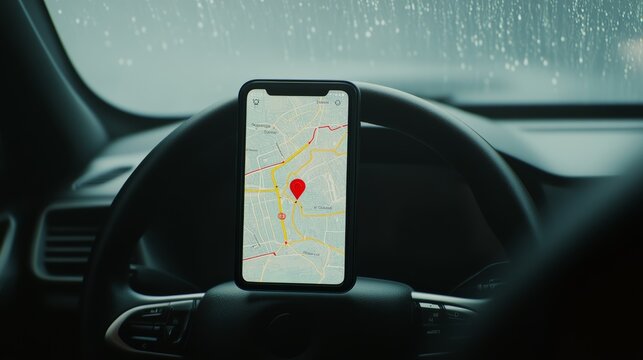 Modern smartphone displaying navigation map with red pinpoint on car dashboard while raining, providing real time location and guidance for driver