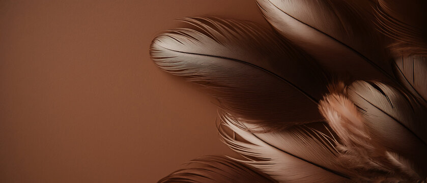 mocha mousse toned feathers against mocha backdrop, space fot text, color of the year banner 2025, generative ai