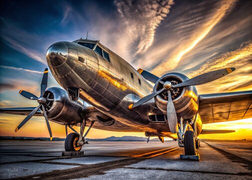 Vintage C-47 Skytrain Cargo Plane on Runway, Macro Detail of Exterior