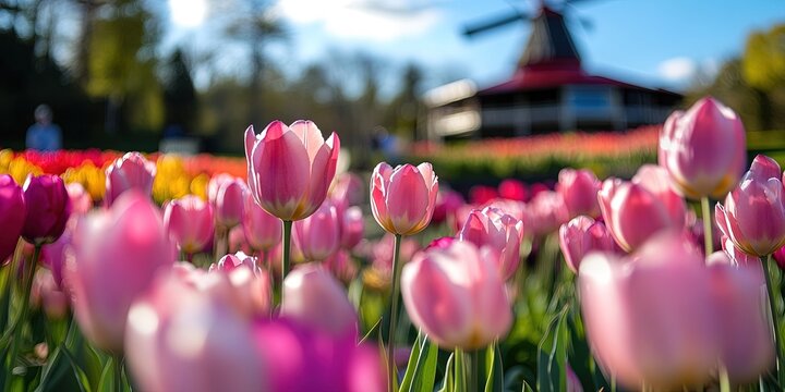 windmill, field of colorful tulips background - Powered by Adobe