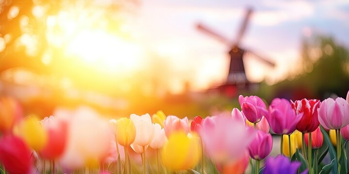 windmill, field of colorful tulips background