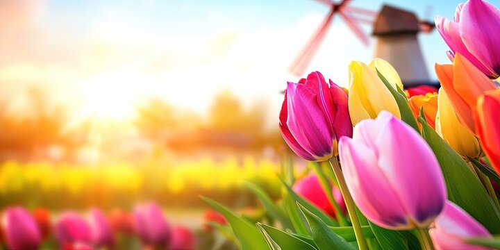 windmill, field of colorful tulips background