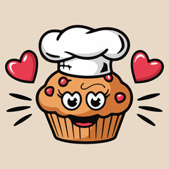 Isolated happy cute cupcake cartoon character Pattern bakery background Vector
