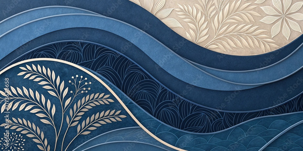 Poster abstract blue wave pattern design with fluid curves and textile texture