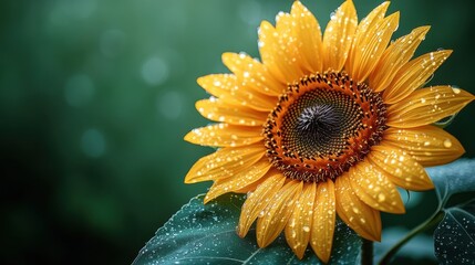 Obraz premium A vibrant sunflower with droplets of water on its petals against a blurred background.