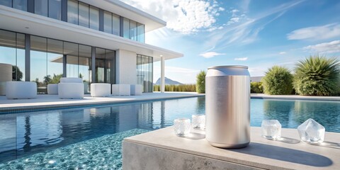 Poolside scene: white cubes, modern structure.
