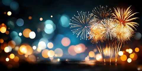 Fototapeta premium Sparkling fireworks against a bokeh background. Chinese new year firework wallpaper. Festive backdrop for New Year, Christmas, birthdays, wedding