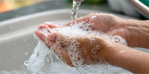 Fototapeta premium Soapy hands being rinsed under running water in a sink during a daily cleaning routine