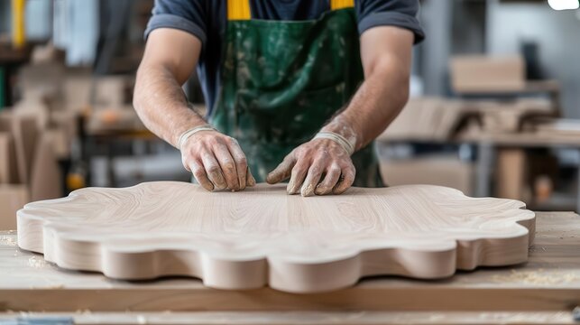Craftsman assembling wooden furniture pieces, factory background, precision and modern tools, focus on artisans hands
