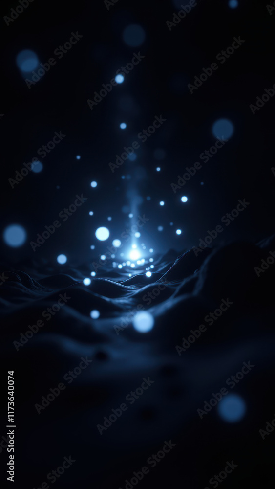 Poster a night scene with an ai-generated undetectable element emitting light amid a starry sky and soft cl