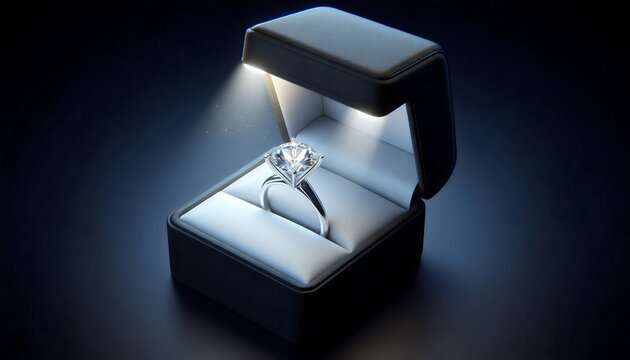 3d render of diamond engagement ring in an opened black box with white studio lighting, symbolic of love and romantic. Generative AI