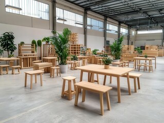 Obraz premium Factory corner with wooden furniture prototypes, modern design and experimentation