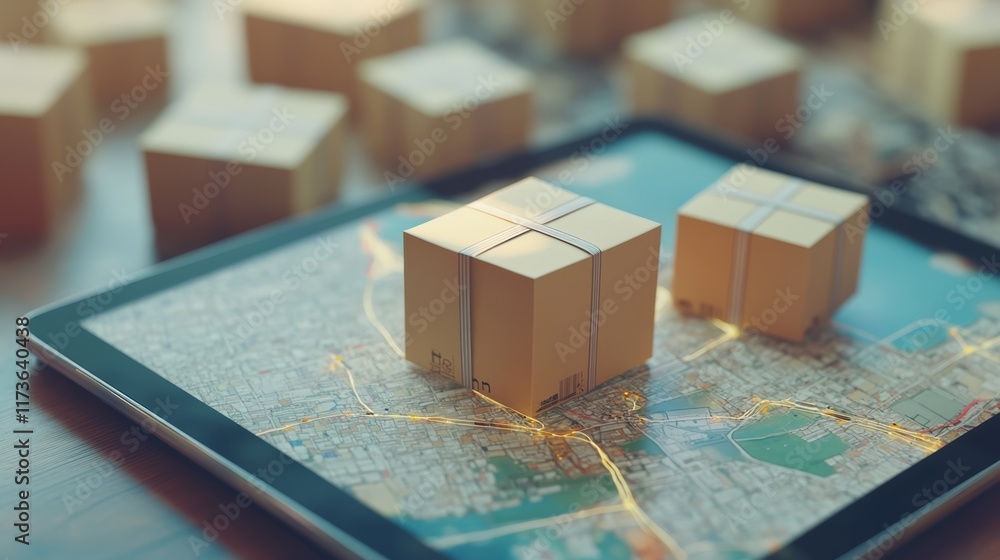 Poster Cardboard boxes standing on a digital tablet displaying a city map with glowing lines, symbolizing online shopping, e commerce, and real time delivery tracking