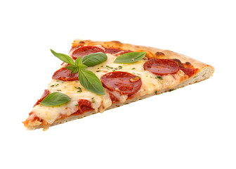 Delicious pizza with cheese, tomato, and various toppings on a white background