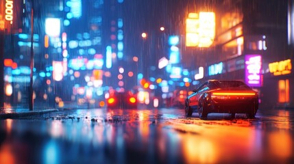 Fototapeta premium Cyberpunk City Nightscape: Rain-Soaked Streets and Neon Lights