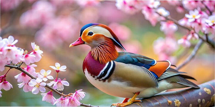 Mandarinka duck stands gracefully among blooming cherry blossoms in a tranquil garden setting