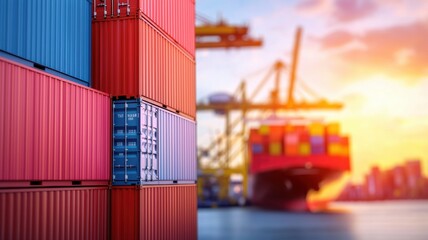 Shipping containers loaded with cargo at sunset port terminal industrial scene vibrant colors close-up view