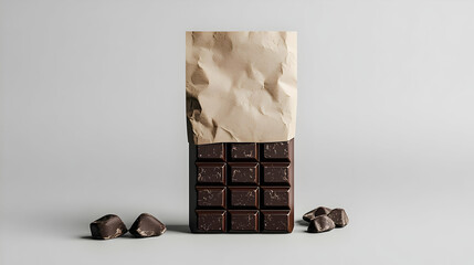 Dark chocolate bar in crumpled paper packaging with chocolate pieces.
