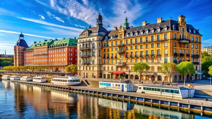 Obraz premium Stunning May photography showcases Radisson Blu Waterfront Hotel's architecture, a Stockholm gem.