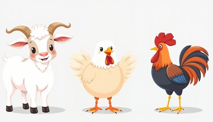 Fototapeta premium Adorable Farm Animals: Goat, Hen, and Rooster Illustration