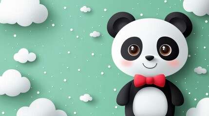 Fototapeta premium Cute Cartoon Panda with Brown Eyes and Red Bowtie Against Green Background