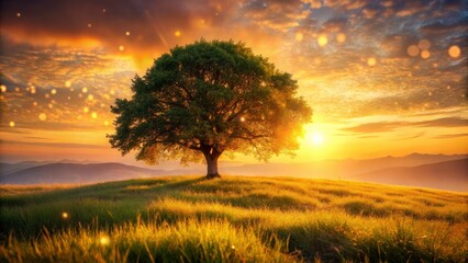 Obraz premium Sunrise paints a lone tree silhouetted against a softly-focused, breathtaking hillside vista.