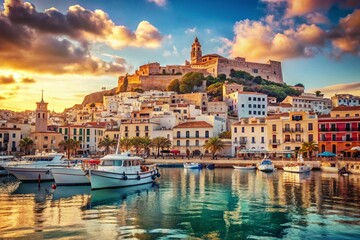 Fototapeta premium Vintage Ibiza Port: Sun-Drenched Mediterranean Views