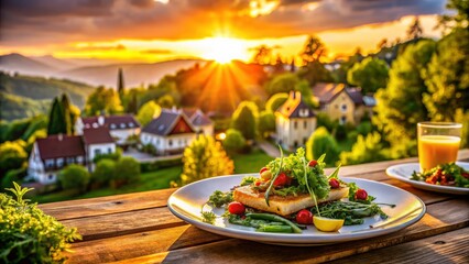 Sunset's warm glow bathes a delightful meal, creating cozy home vibes and stunning scenery.