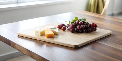 Fresh grapes and assorted cheese on a wooden board create a delightful snack spread in a cozy indoor setting