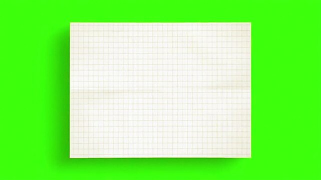 real folded piece of white sheet paper on center of green screen, realistic paper cut out effect, 3d animated filter animation, video transition motion graphics for social media post