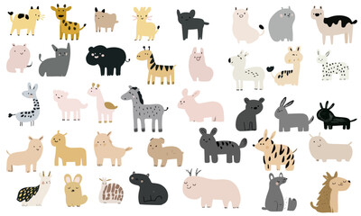 Vector animal set separated on transparent background. Pastel colors, cute animals, children style.