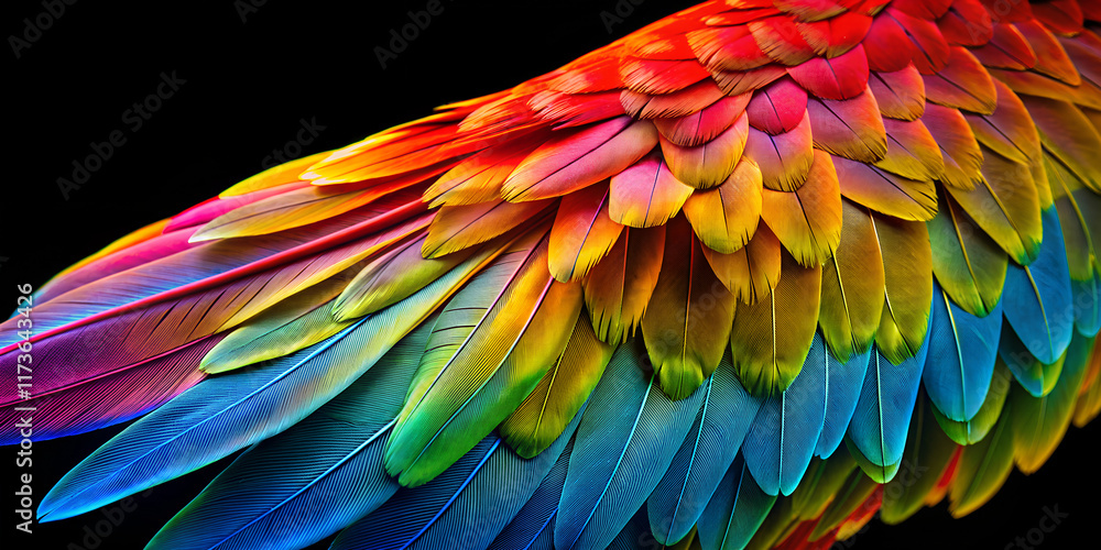 Poster vibrant parrot wing showcases an array of colors against a black background in a minimalist style