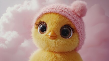 Obraz premium Cute Yellow Chick with Big Eyes and Pink Bonnet Against Soft Background