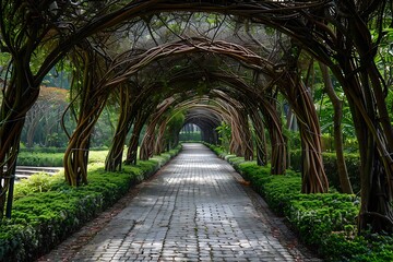 Pedestrian walkway with arches made from intertwined branches, creating a tunnel effect