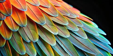 Colorful parrot wing details showcasing vibrant feathers against a black background in a minimalist style