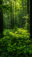 Obraz premium A Vibrant Forest Habitat: Encompassing Diverse Flora Under Sunlit Canopies With Rich Ecosystem