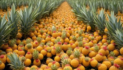 Fototapeta premium A field of pineapple plants with many small, green and yellow-colored fruits on the ground, growing everywhere, all over the land, all around, everywhere