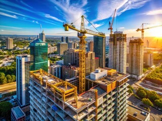 Naklejka premium Urban renewal soars; aerial view reveals construction cranes, high-rises rising under a brilliant blue sky.