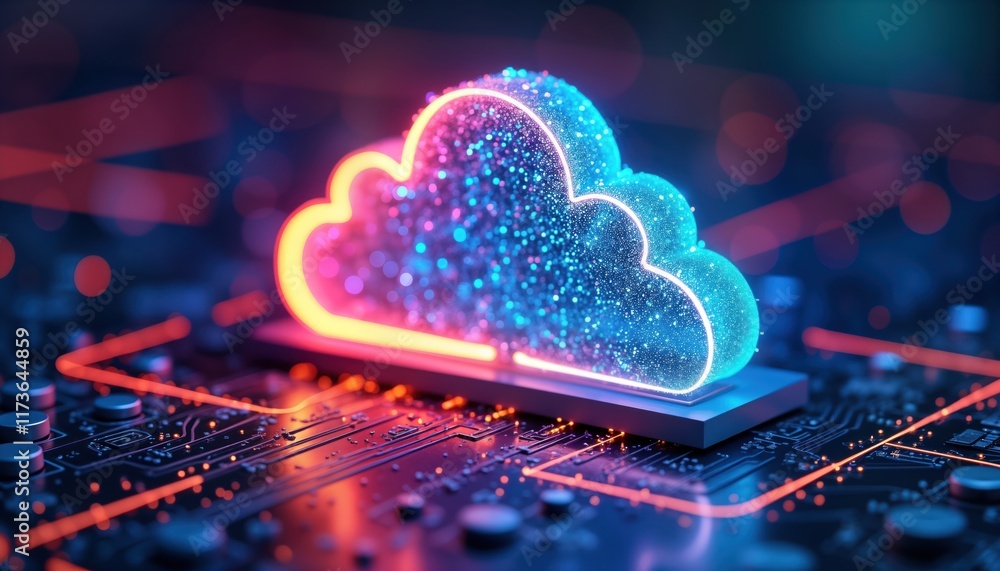 Poster digital cloud storage system illustration shows glowing cloud icon on circuit board. generative ai t