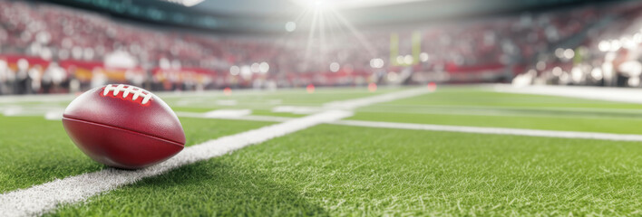 American football ball on green field with blurred stadium in background