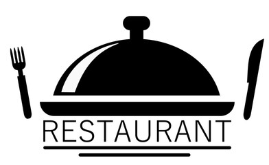 Icono de restaurante. Silueta de plato con tapa domo, tenedor y cuchillo. Ilustración y vector para sitio web, app, folleto, etc. 