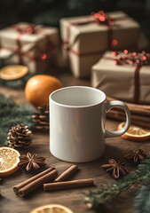 Cozy Christmas scene with a white mug, gifts, cinnamon, star anise, orange slices, pine cones, and evergreen branches on a rustic wooden table.